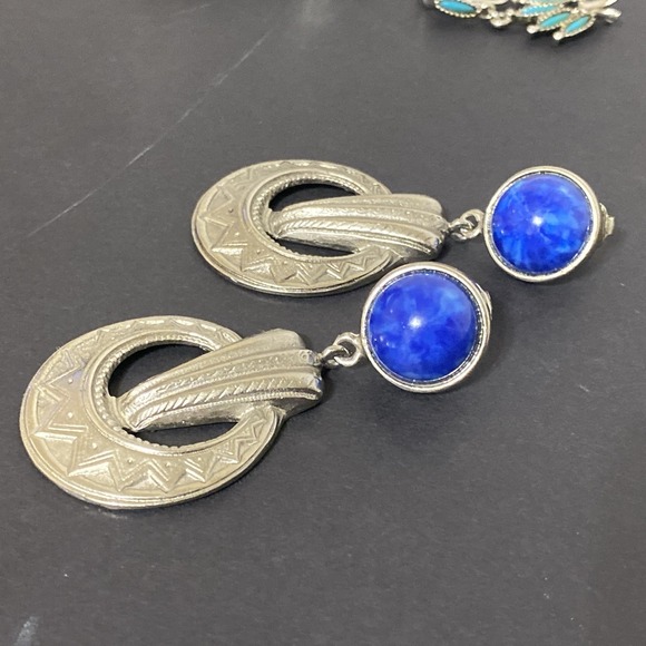 Southwest Native American Style Earrings Lot Faux Turquoise Lapis Silver Tone - Picture 4 of 12